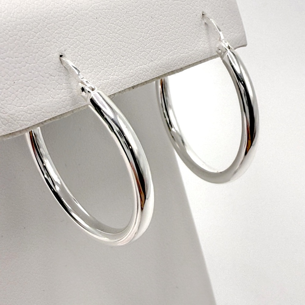 .925 Sterling Silver 3mm x 30mm Tube Hoop Earrings - Picture 6 of 13